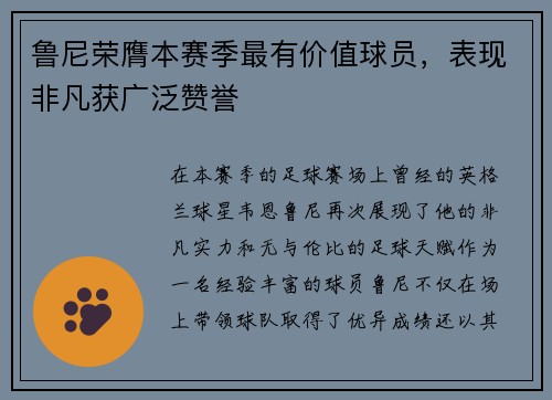 鲁尼荣膺本赛季最有价值球员,表现非凡获广泛赞誉